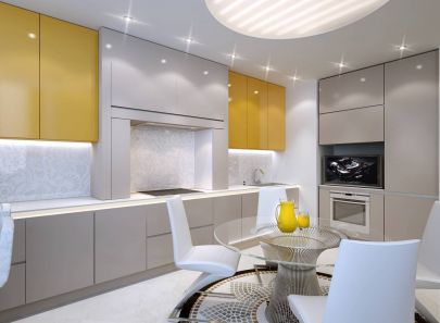 Уютный дизайн современной кухни в желто-белых тонах