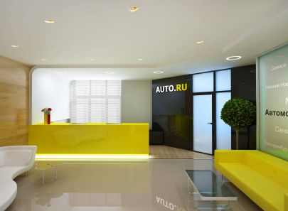 Яркий желтый цвет в дизайне приемной в офисе