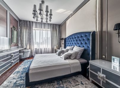 Сине серый интерьер спальни