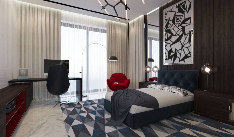 Спальня с синей кроватью в современном стиле