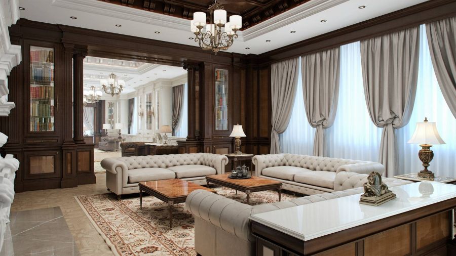 Гостиная со светлой мебелью в классическом стиле
