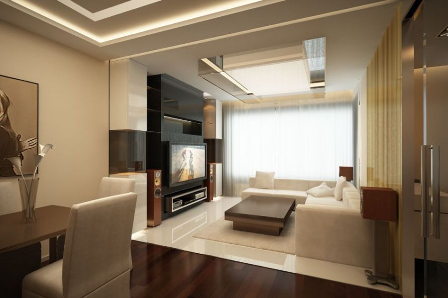Светлая гостиная с коричневым диваном